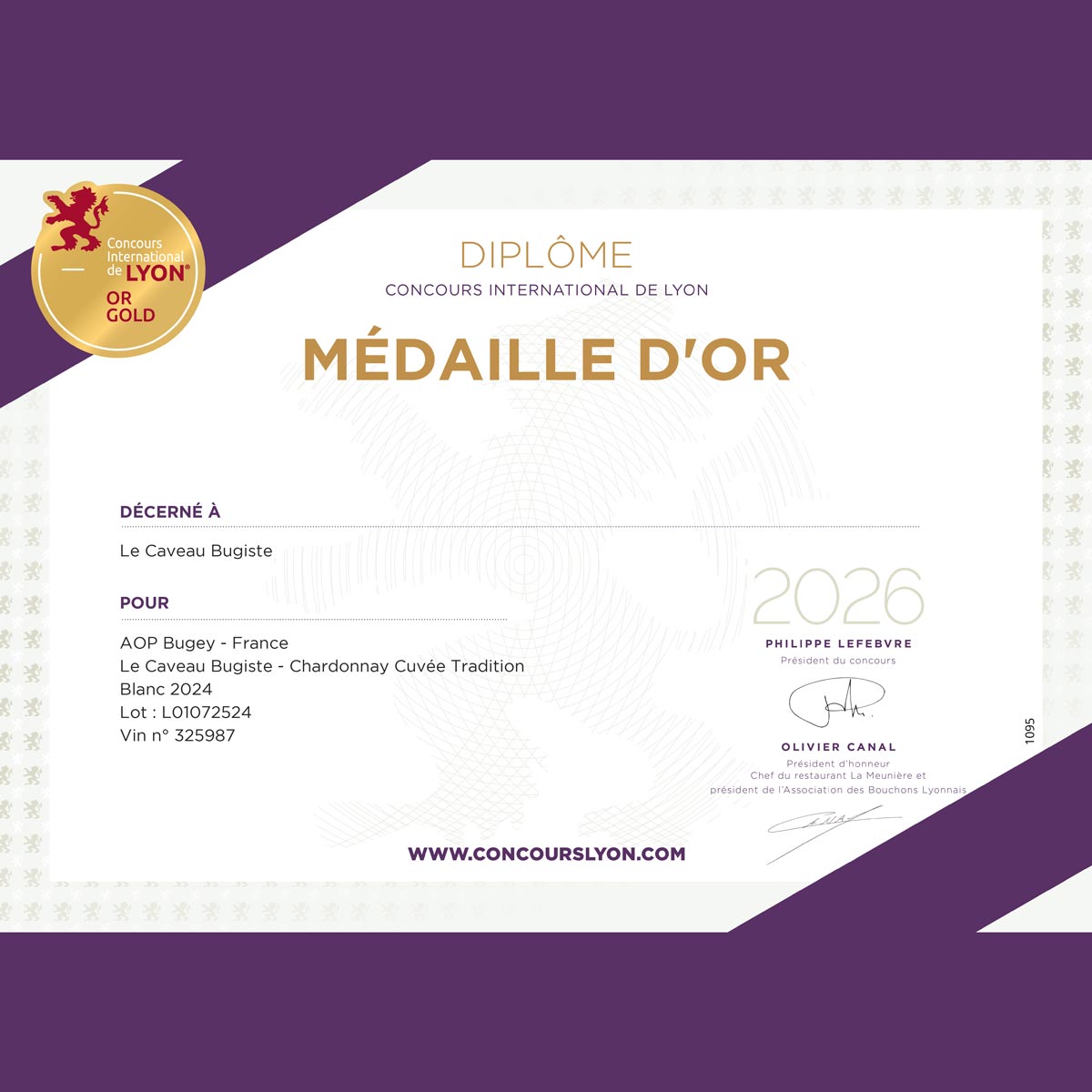 médaille d'or au Concours international des vins de Lyon
