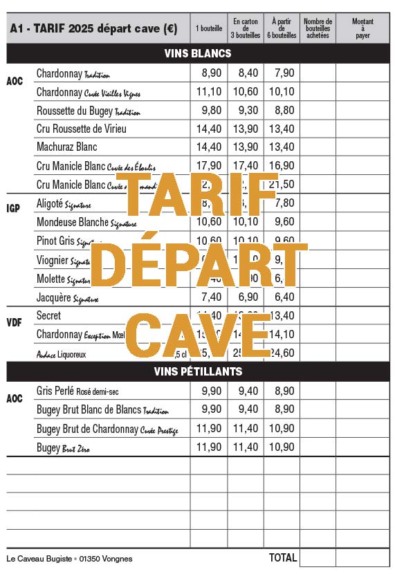 tarif départ cave Caveau Bugiste 2025